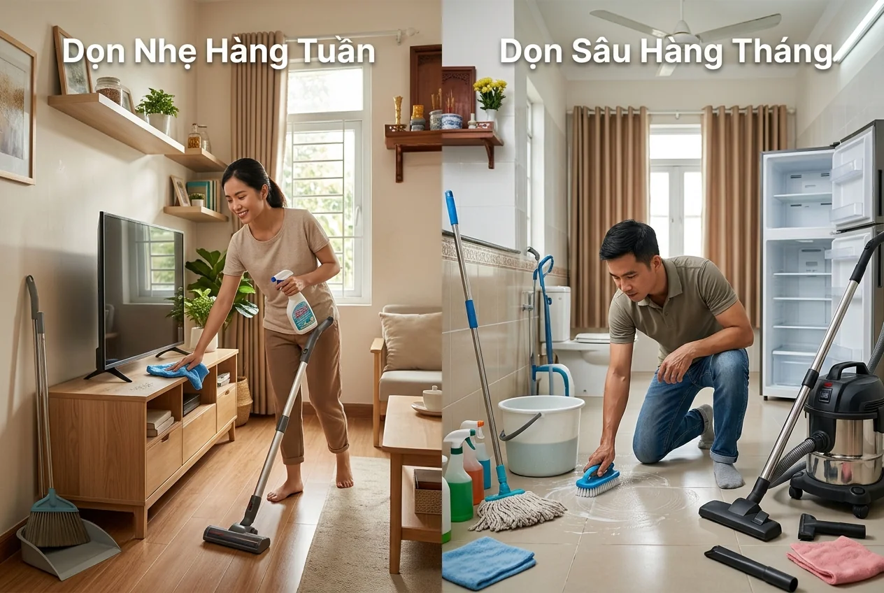 Phân biệt dọn nhẹ hàng tuần và dọn sâu hàng tháng