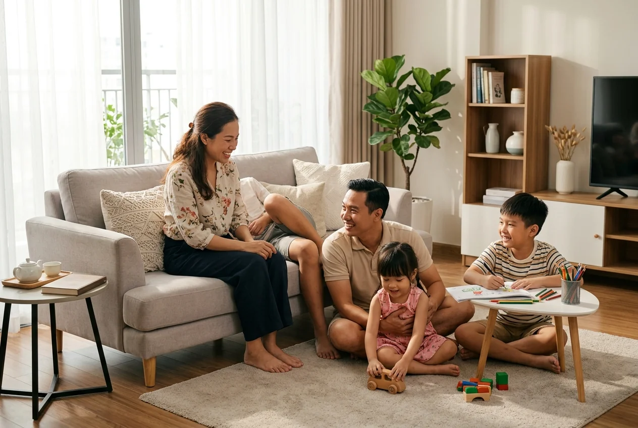 Gia đình thư giãn trong ngôi nhà sạch sẽ - lợi ích của dọn nhà định kỳ