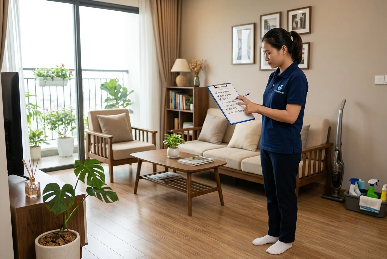 Nhân viên dọn nhà kiểm tra lại từng khu vực theo danh sách nghiệm thu