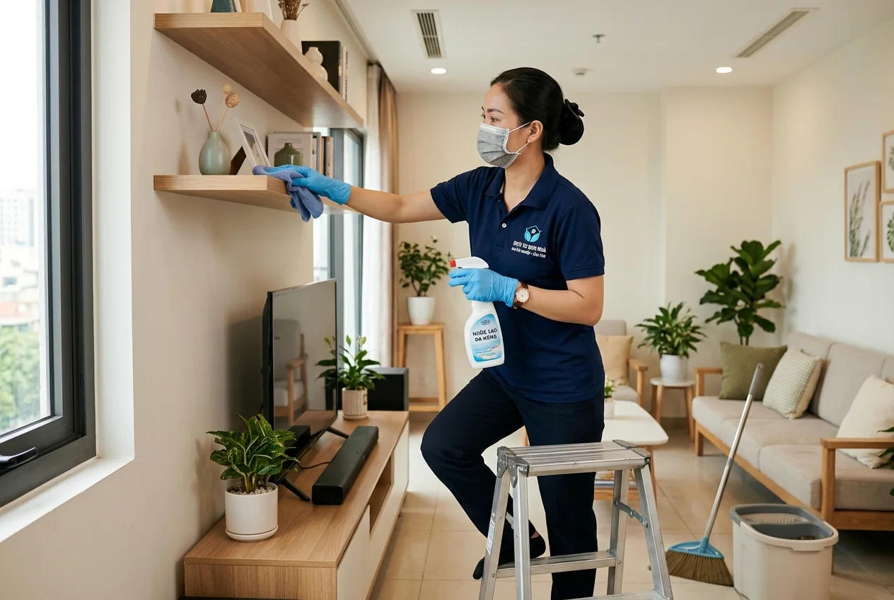 Nhân viên dọn nhà chuyên nghiệp thực hiện quy trình dọn từ trên xuống dưới tại Hạ Long