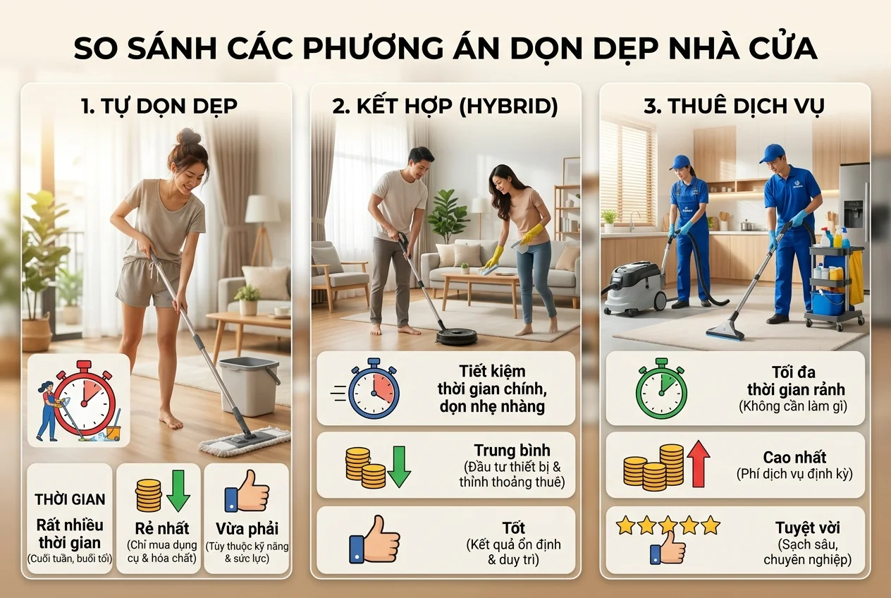 Bảng so sánh chi phí và thời gian giữa tự dọn nhà và thuê dịch vụ