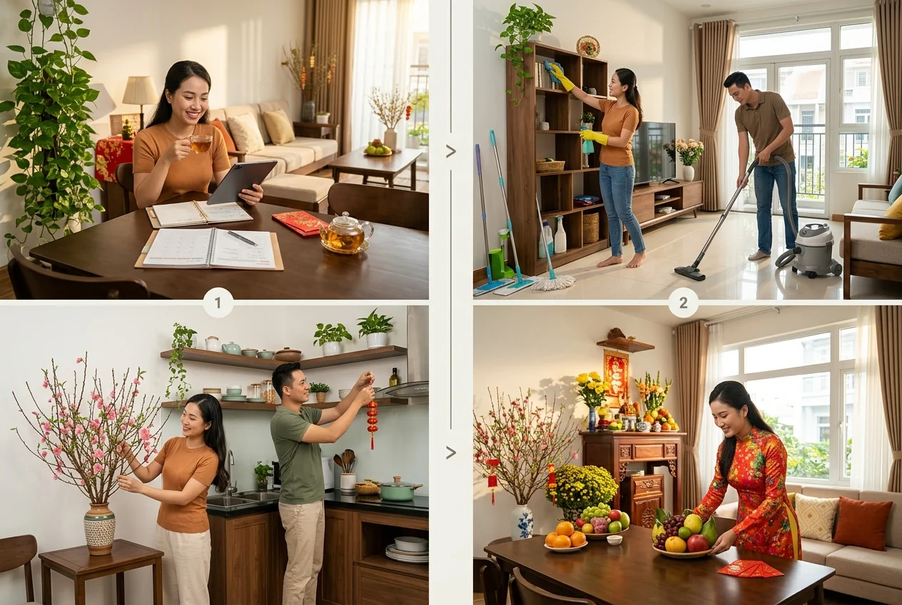 Lịch dọn nhà trước Tết 4 giai đoạn