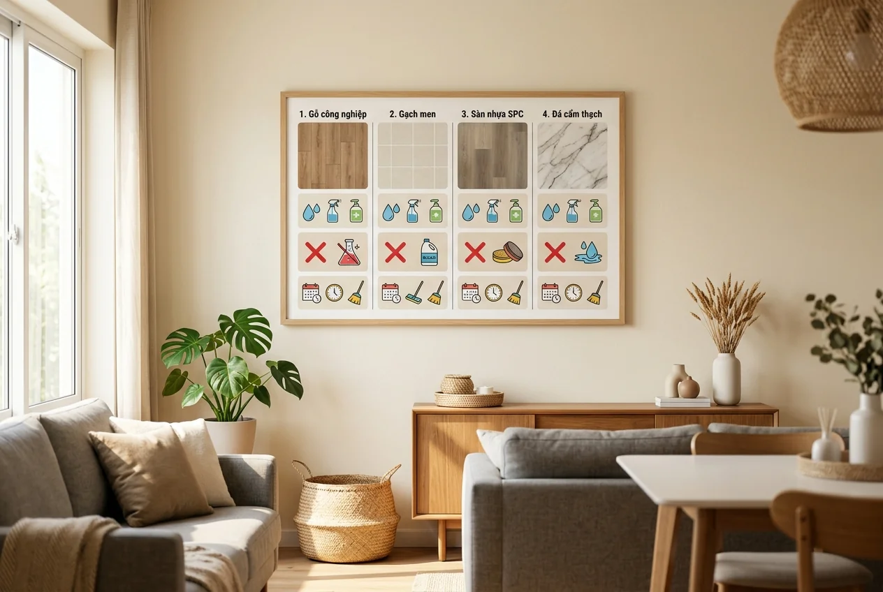 Bảng tổng hợp kỹ thuật lau sàn theo chất liệu - gỗ, đá, gạch men, vinyl