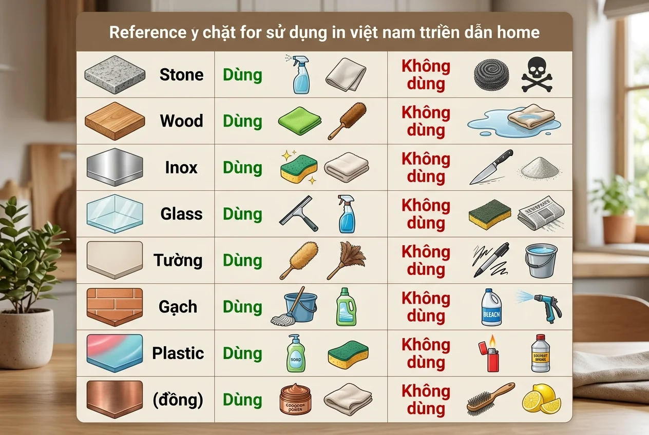 Bảng tổng hợp chất tẩy rửa phù hợp và không phù hợp theo từng loại bề mặt trong nhà