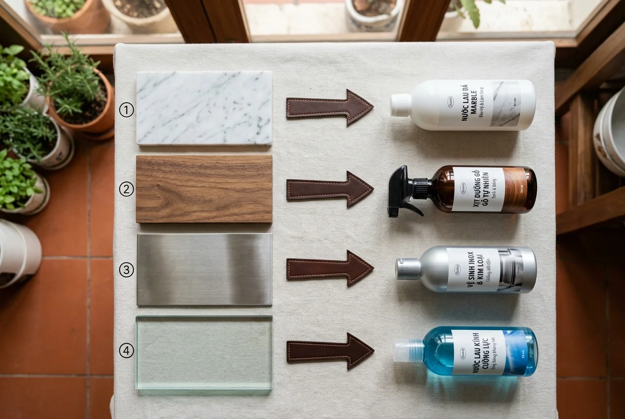 Các loại chất tẩy rửa khác nhau đặt cạnh các mẫu vật liệu - đá marble, gỗ, inox, kính
