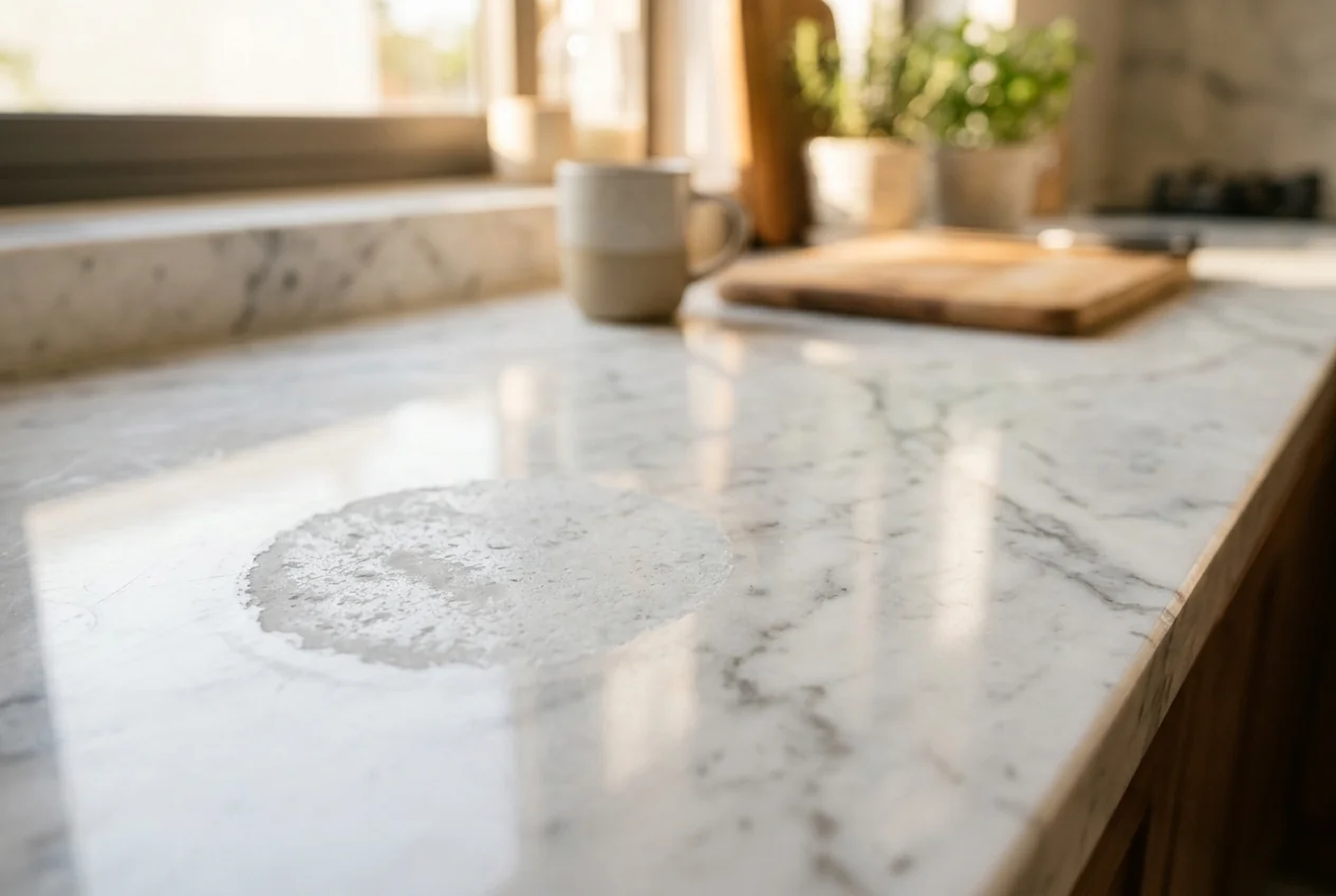 Vết etching trên đá marble do dùng acid - vết mờ trắng vĩnh viễn không phục hồi được