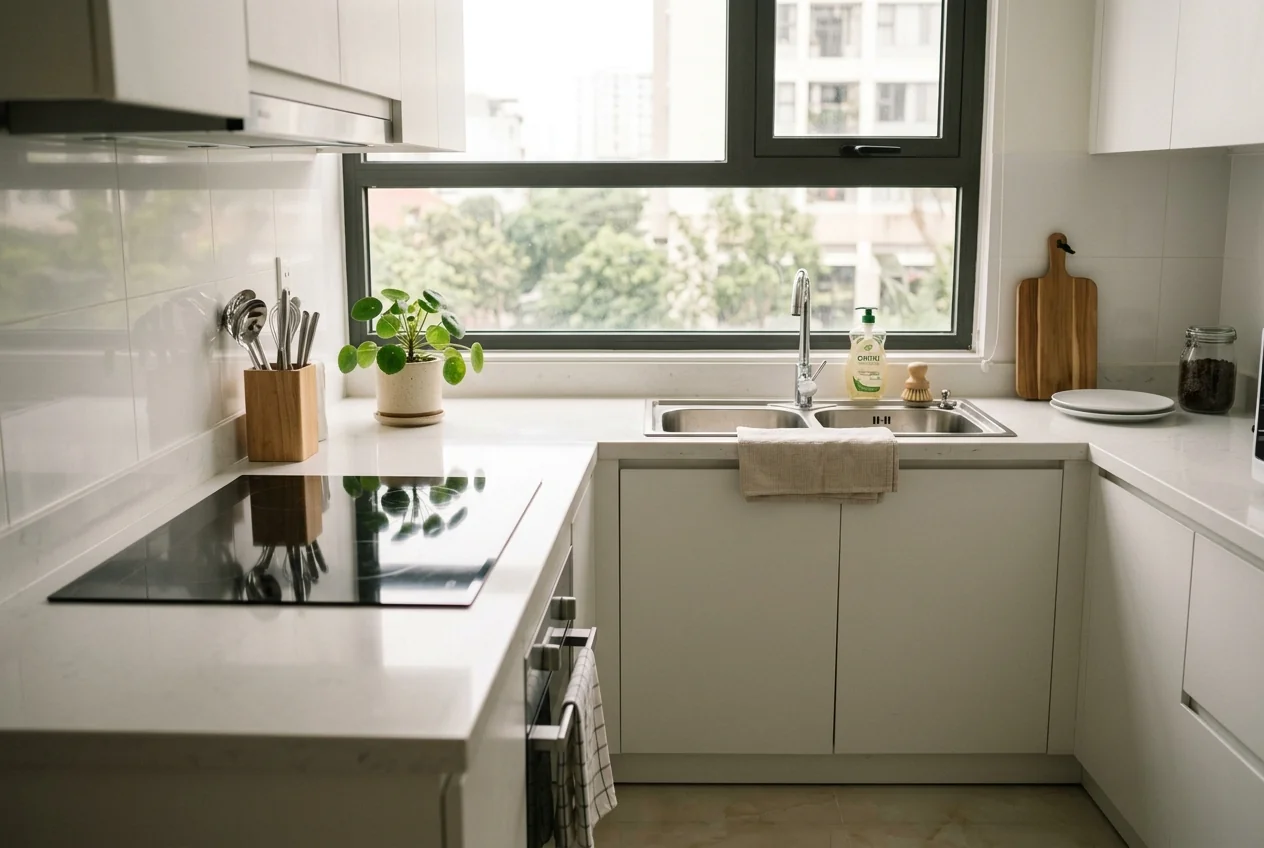 Dọn bếp sạch dầu mỡ đúng kỹ thuật - mặt bếp sáng bóng, không còn dầu mỡ tích lũy