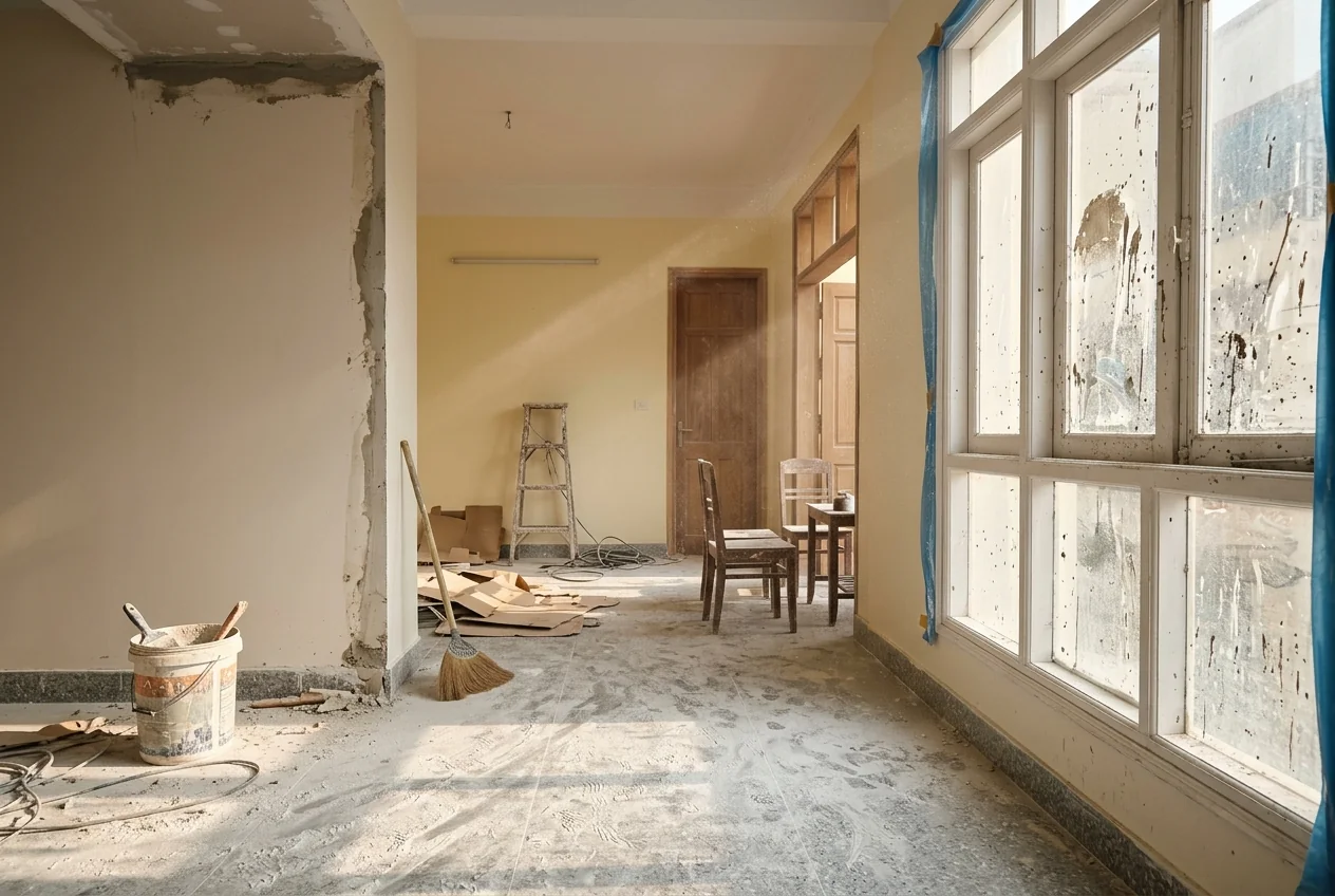 Bụi xi măng và bột đá phủ khắp sàn và bề mặt sau khi hoàn thành sửa chữa nhà