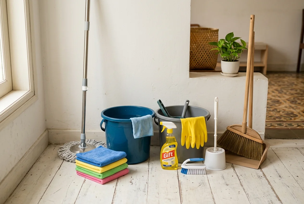 Bộ dụng cụ dọn nhà cơ bản gồm khăn microfiber, cây lau, xô, chổi và bàn chải