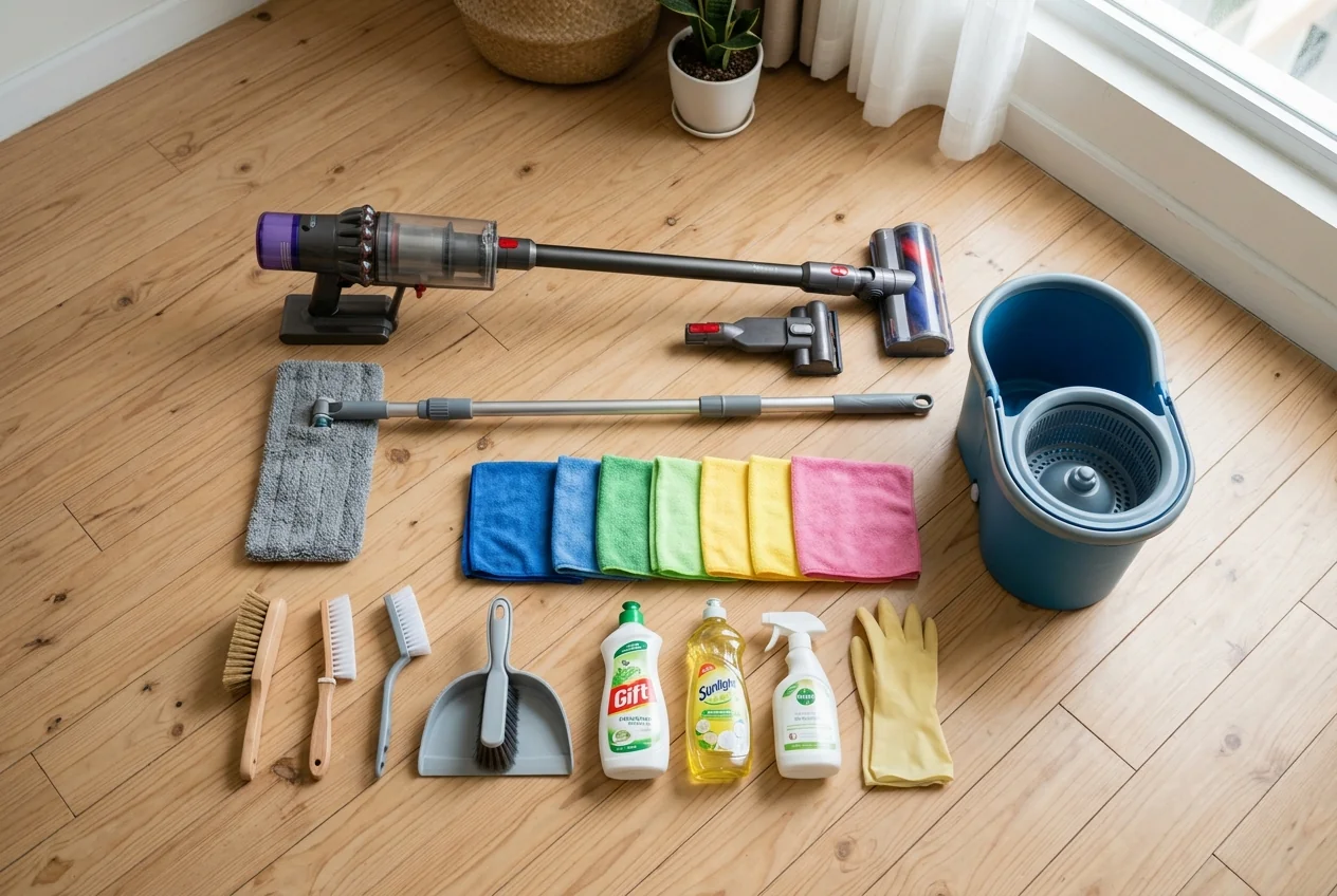 Bộ dụng cụ dọn nhà cơ bản - máy hút bụi, cây lau, khăn microfiber, bàn chải