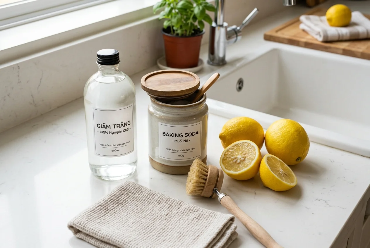 Giấm trắng, baking soda và chanh tươi - nguyên liệu vệ sinh tự nhiên tại nhà