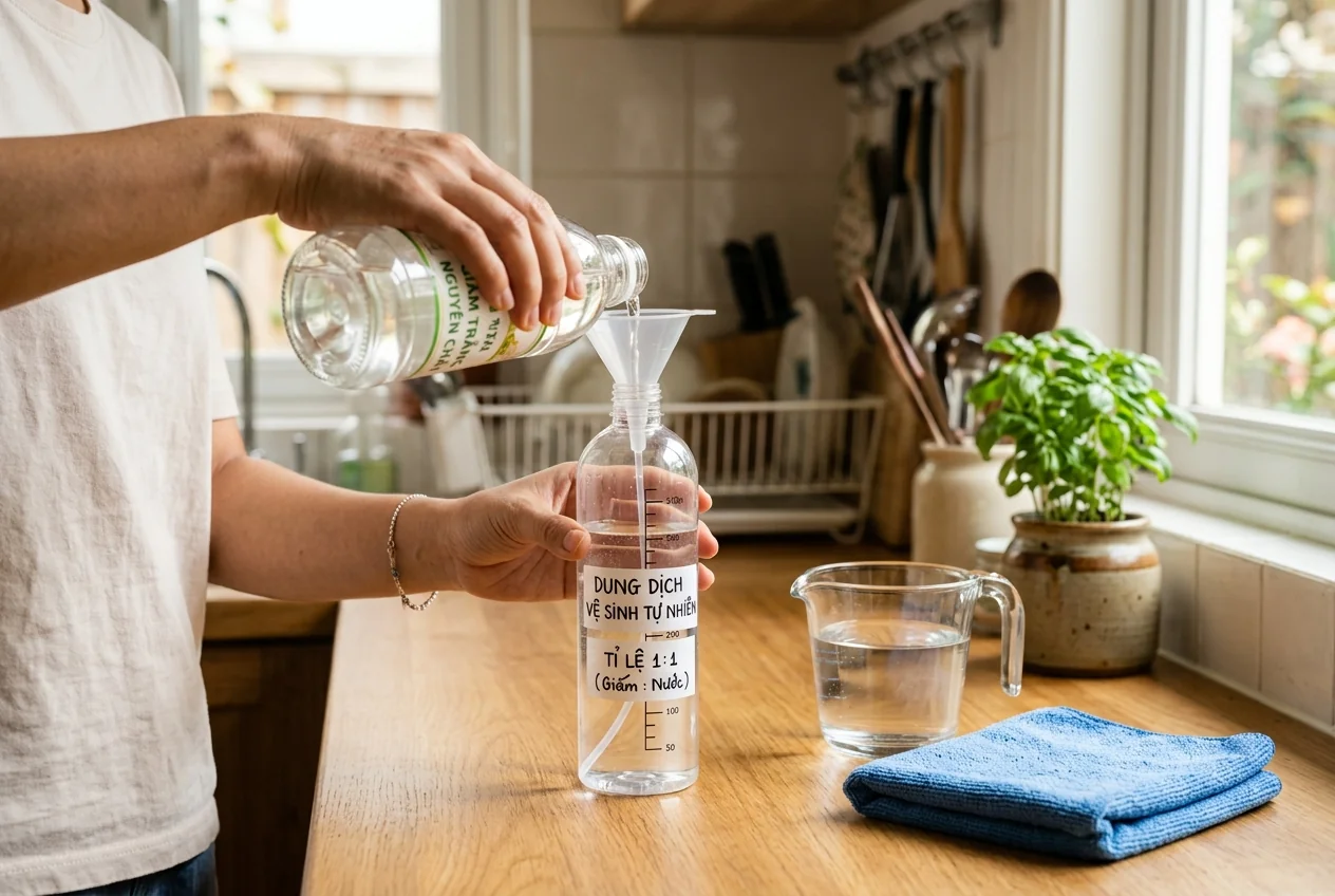 Pha giấm trắng với nước tỷ lệ 1:3 trong bình xịt để lau kính và gương