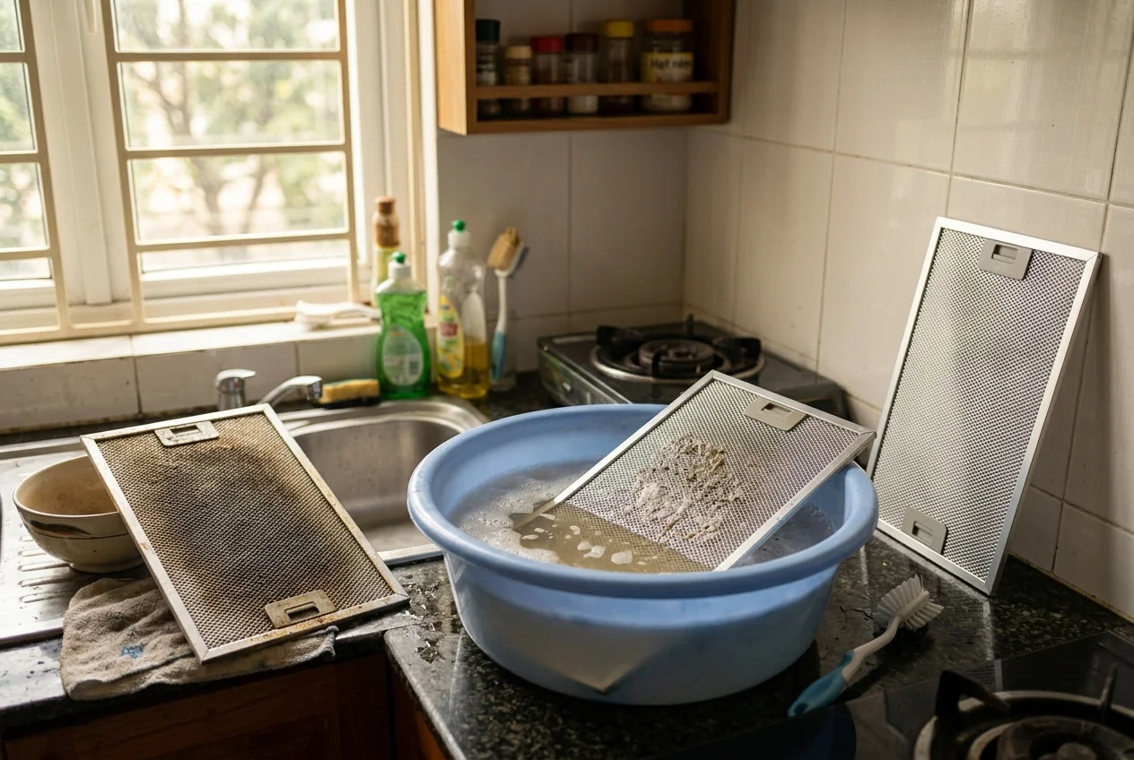 Vệ sinh hốt mỡ và lưới lọc bằng cách tháo ra ngâm nước nóng pha degreaser