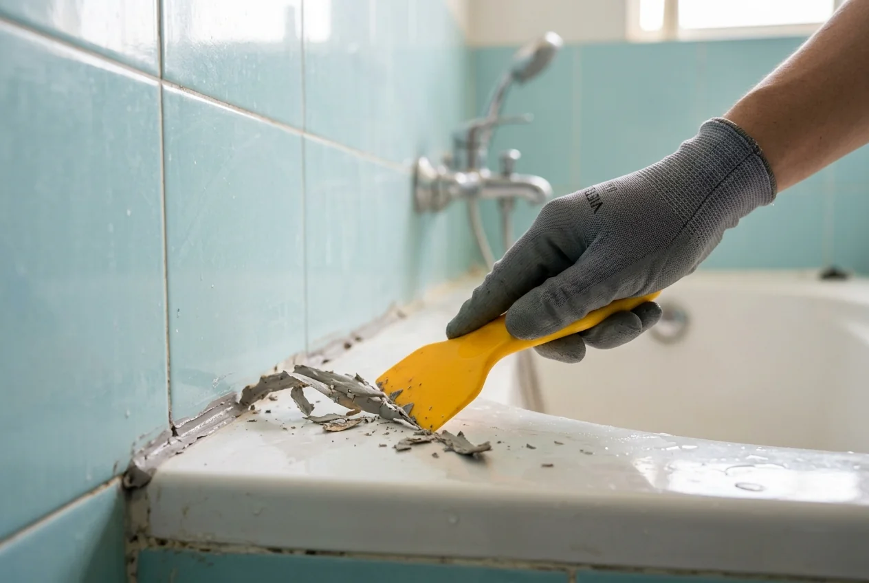 Keo silicone thừa ở cạnh bồn tắm đang được cạo cơ học bằng dao nhựa