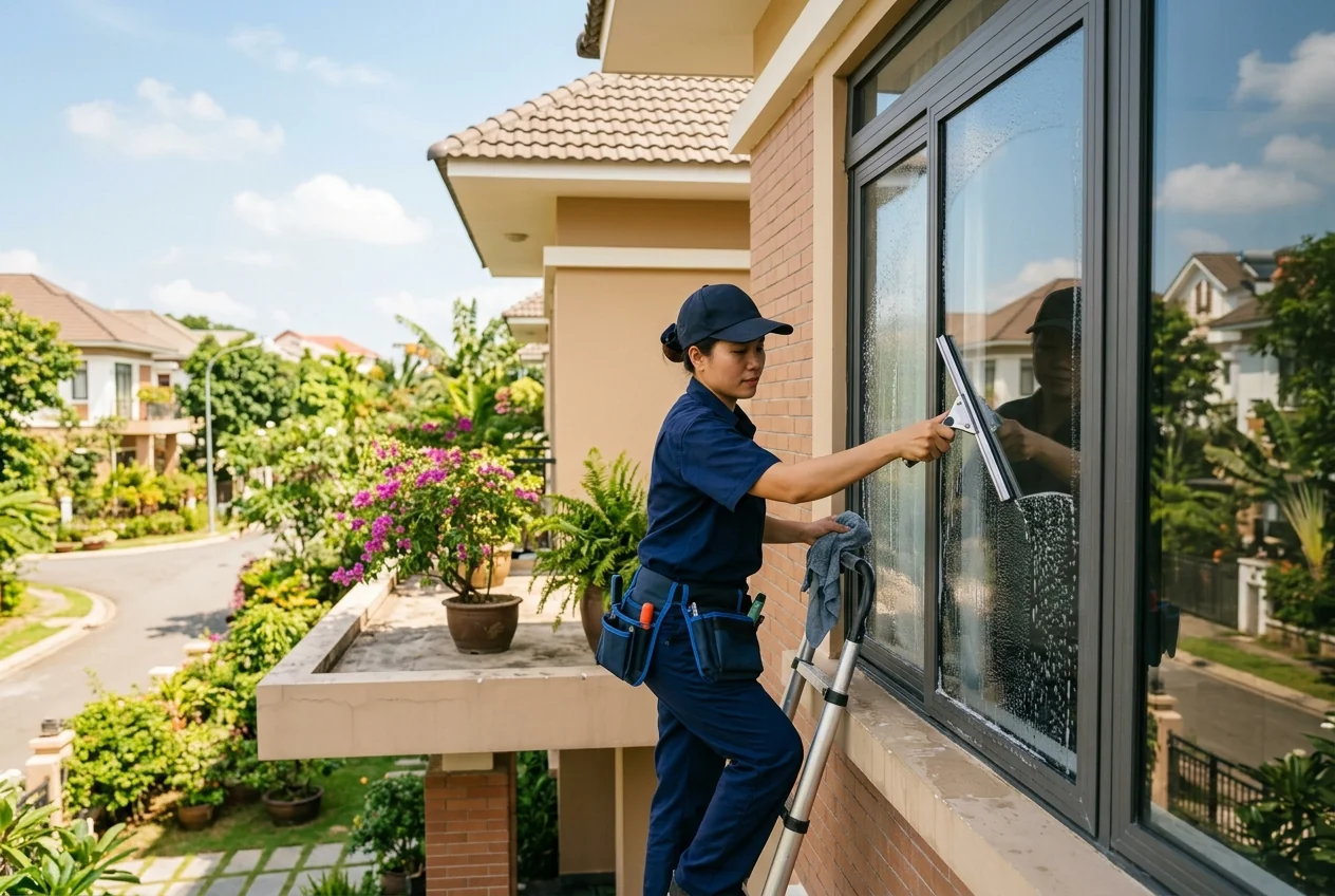 Lau kính cửa sổ bên ngoài nhà đúng kỹ thuật từ trên xuống
