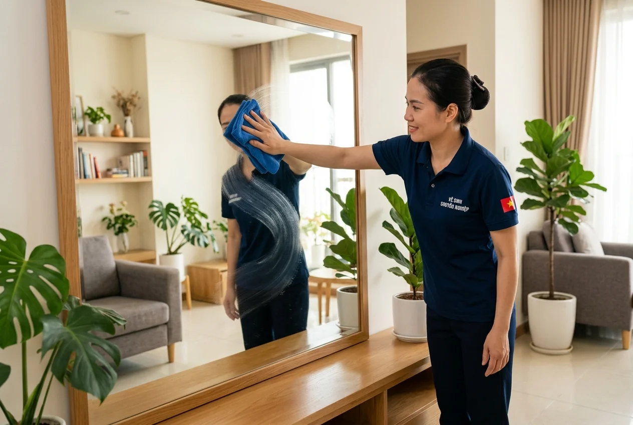 Lau gương sạch không để lại vết sọc bằng khăn microfiber
