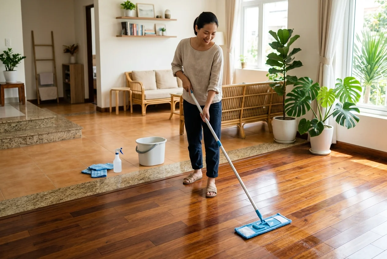 Kỹ thuật lau sàn nhà đúng theo từng chất liệu - gỗ, đá, gạch men, vinyl