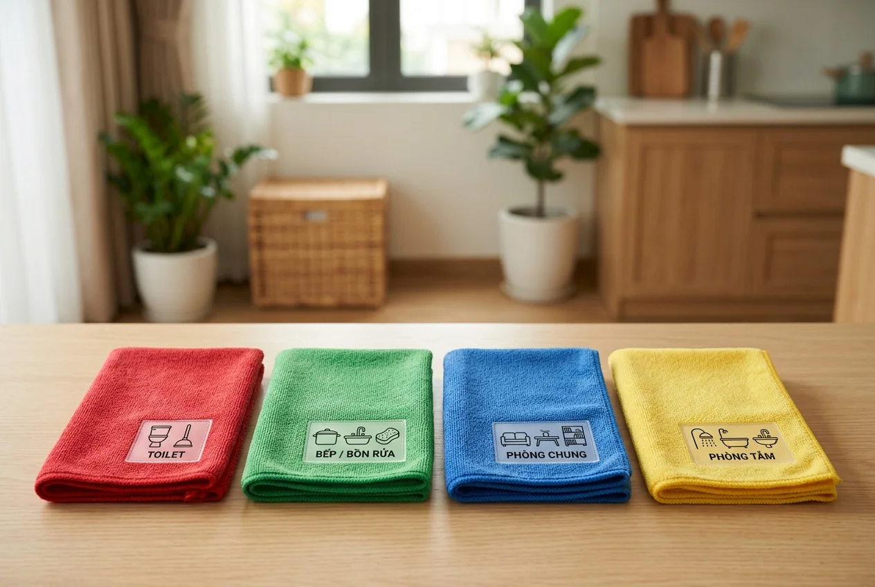 Bảng phân màu khăn lau theo khu vực trong nhà - đỏ cho toilet, xanh lá cho bếp