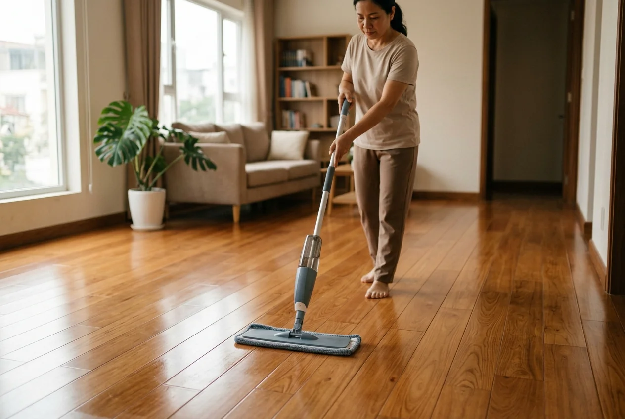 Kỹ thuật lau sàn gỗ đúng cách - cây lau vắt kiệt, lau theo chiều vân gỗ, pH trung tính