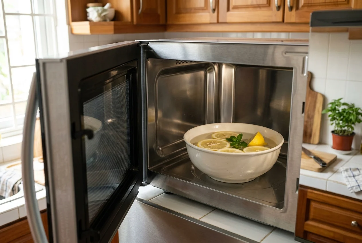 Steam trick vệ sinh lò vi sóng - bát nước chanh quay 3–5 phút làm mềm vết bắn khô