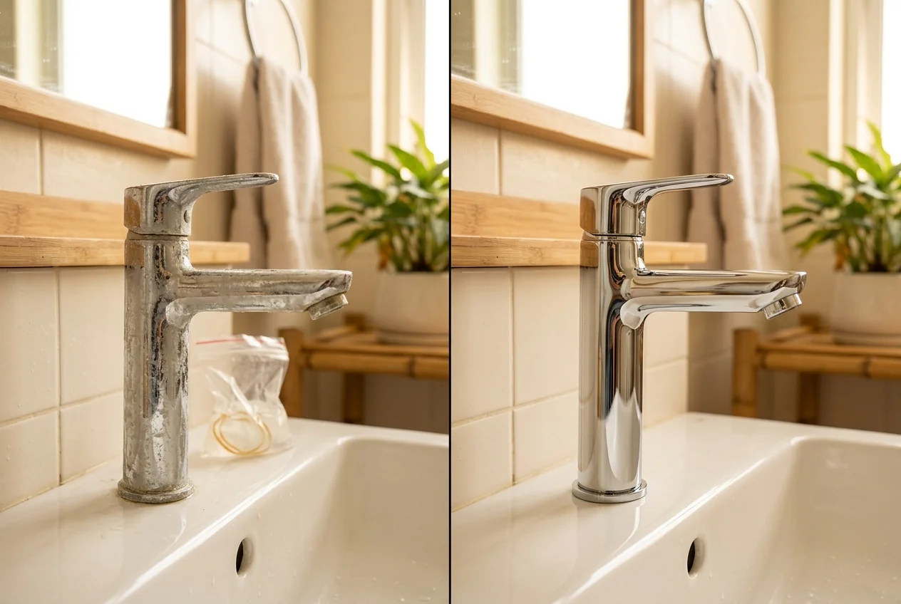 Tẩy cặn vôi vòi nước và vòi sen bằng giấm trắng hoặc tẩy vôi chuyên dụng