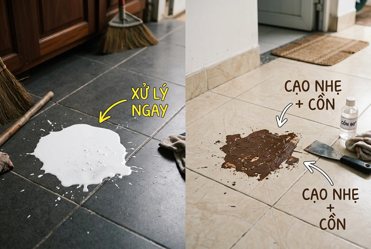 Vết sơn tươi và vết sơn khô trên sàn gạch - cách xử lý hoàn toàn khác nhau