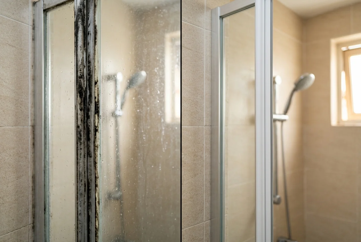 Xử lý mốc đen cao su ron cửa tắm và kẽ gạch phòng tắm bằng sodium hypochlorite