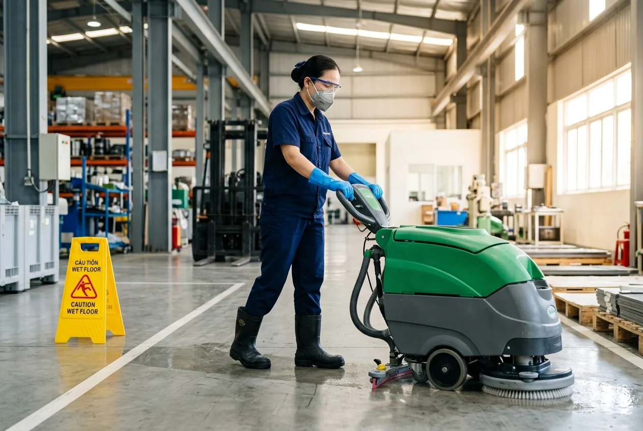 An toàn lao động trong vệ sinh công nghiệp - nhân viên trang bị bảo hộ đầy đủ làm việc trong nhà xưởng