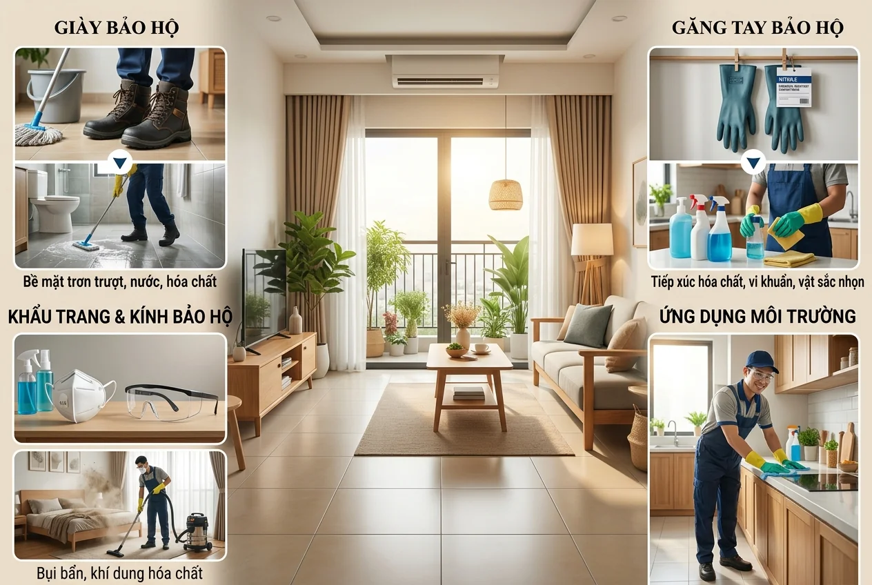 Trang bị bảo hộ cá nhân đầy đủ cho nhân viên vệ sinh nhà xưởng công nghiệp