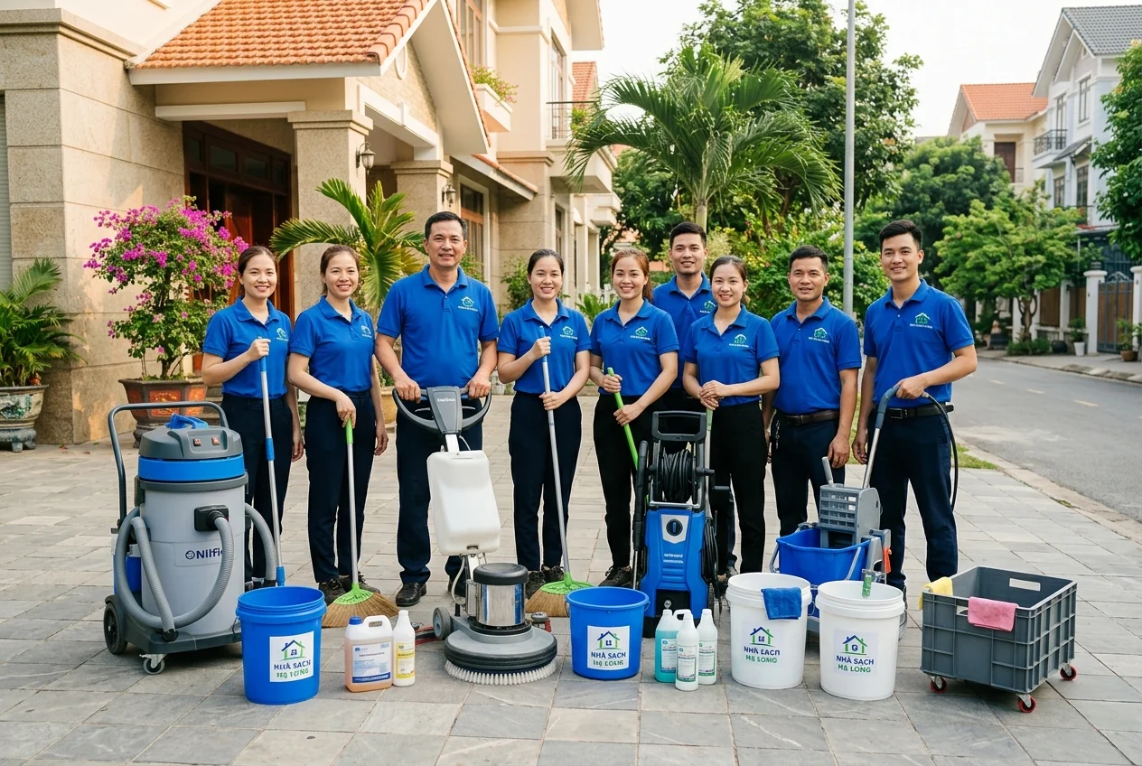 Đội ngũ Nhà sạch Hạ Long với thiết bị vệ sinh công nghiệp chuyên dụng sẵn sàng phục vụ