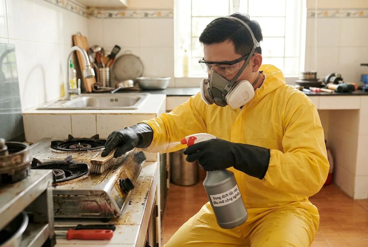 Nhân viên vệ sinh công nghiệp sử dụng hóa chất degreaser đúng quy trình tại nhà xưởng