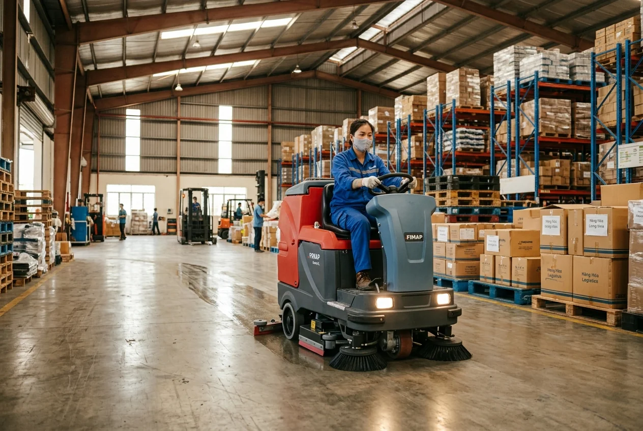 Máy chà sàn công nghiệp ride-on đang làm sạch sàn nhà xưởng rộng lớn