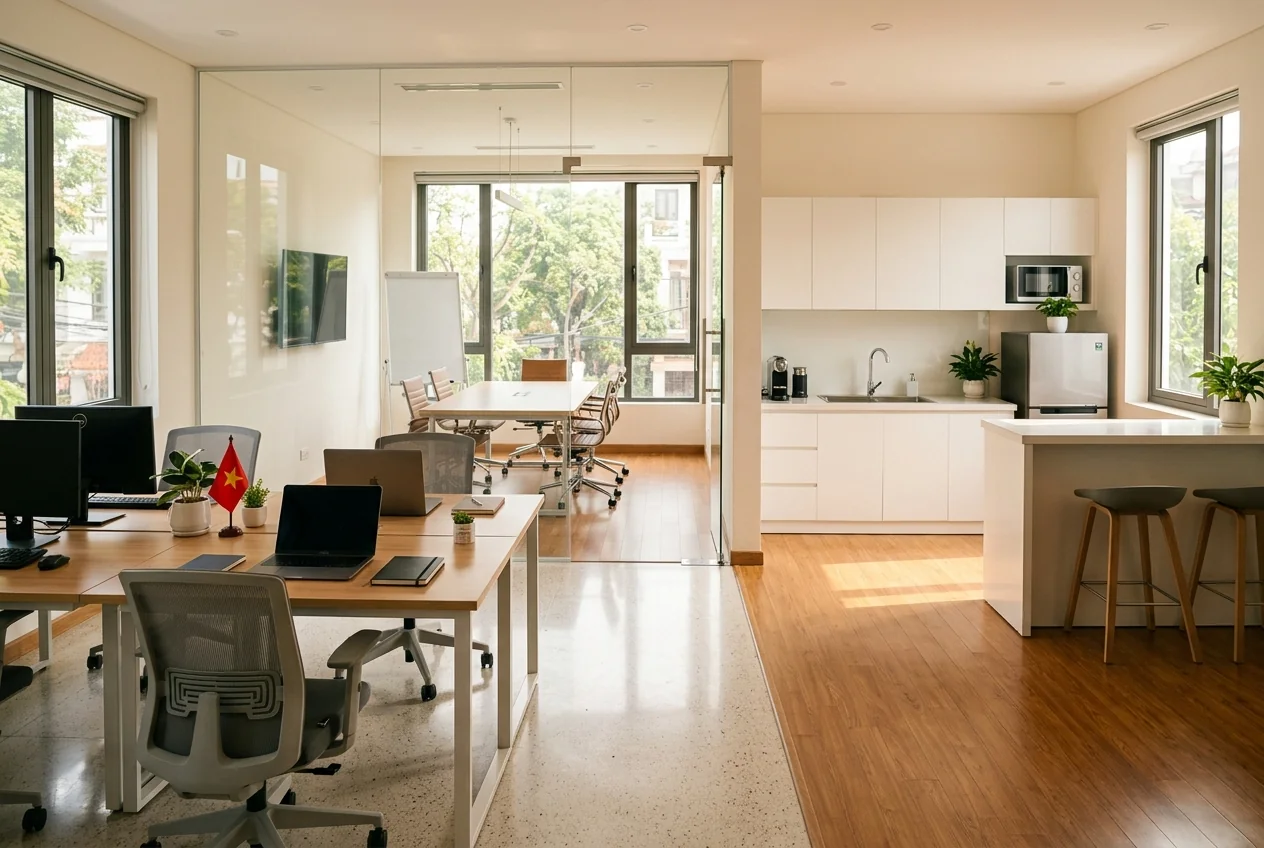 Phạm vi vệ sinh văn phòng - khu làm việc, bếp, WC, phòng họp, lễ tân