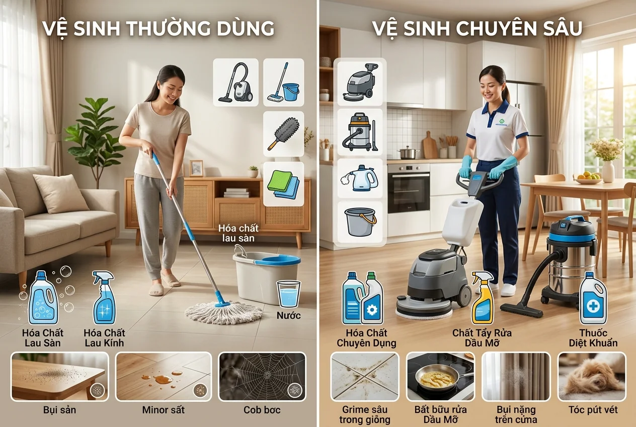 So sánh vệ sinh công nghiệp và vệ sinh thông thường - thiết bị và quy trình