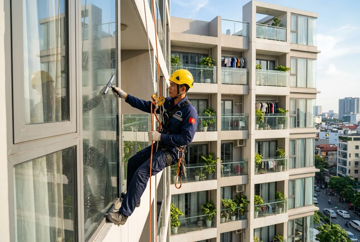 Nhân viên vệ sinh sử dụng thiết bị rope access để làm sạch kính mặt ngoài tòa nhà cao tầng