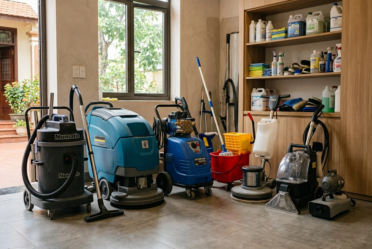 Các thiết bị vệ sinh công nghiệp chuyên dụng gồm máy hút bụi, máy chà sàn và máy áp lực cao