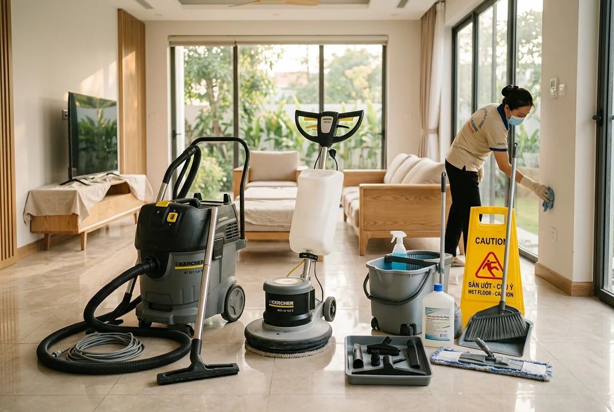 Thiết bị vệ sinh sau xây dựng - máy phun áp lực, máy hút bụi mịn, dụng cụ tẩy sơn