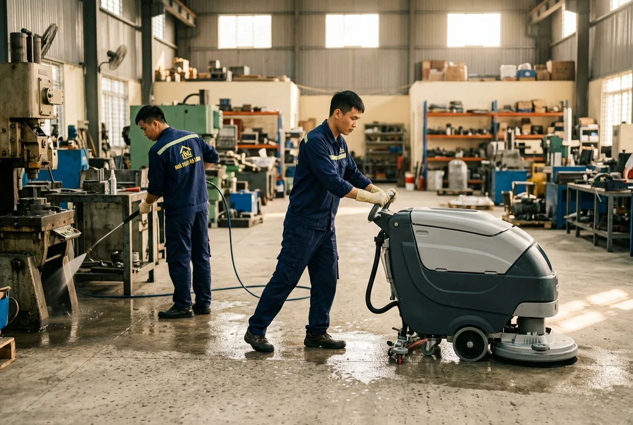 Đội ngũ vệ sinh công nghiệp đang triển khai làm sạch nhà xưởng với thiết bị chuyên dụng