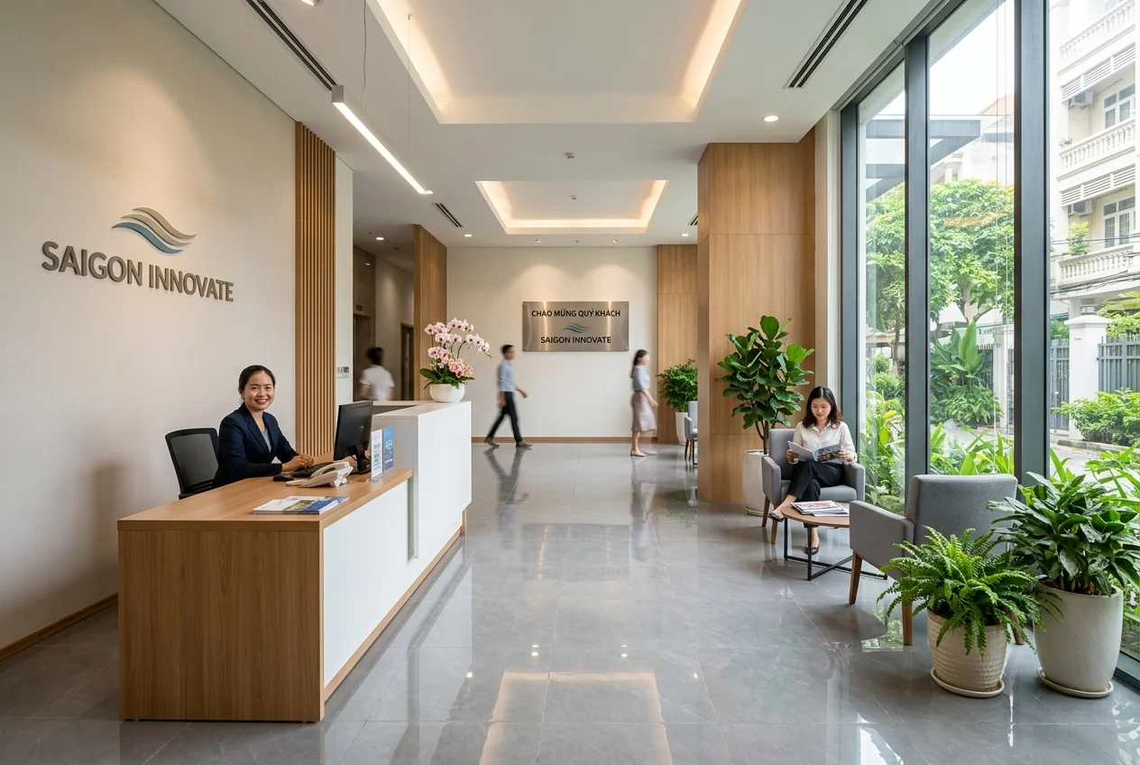 Văn phòng sạch sẽ chuyên nghiệp - sảnh đón tiếp và khu làm việc gọn gàng