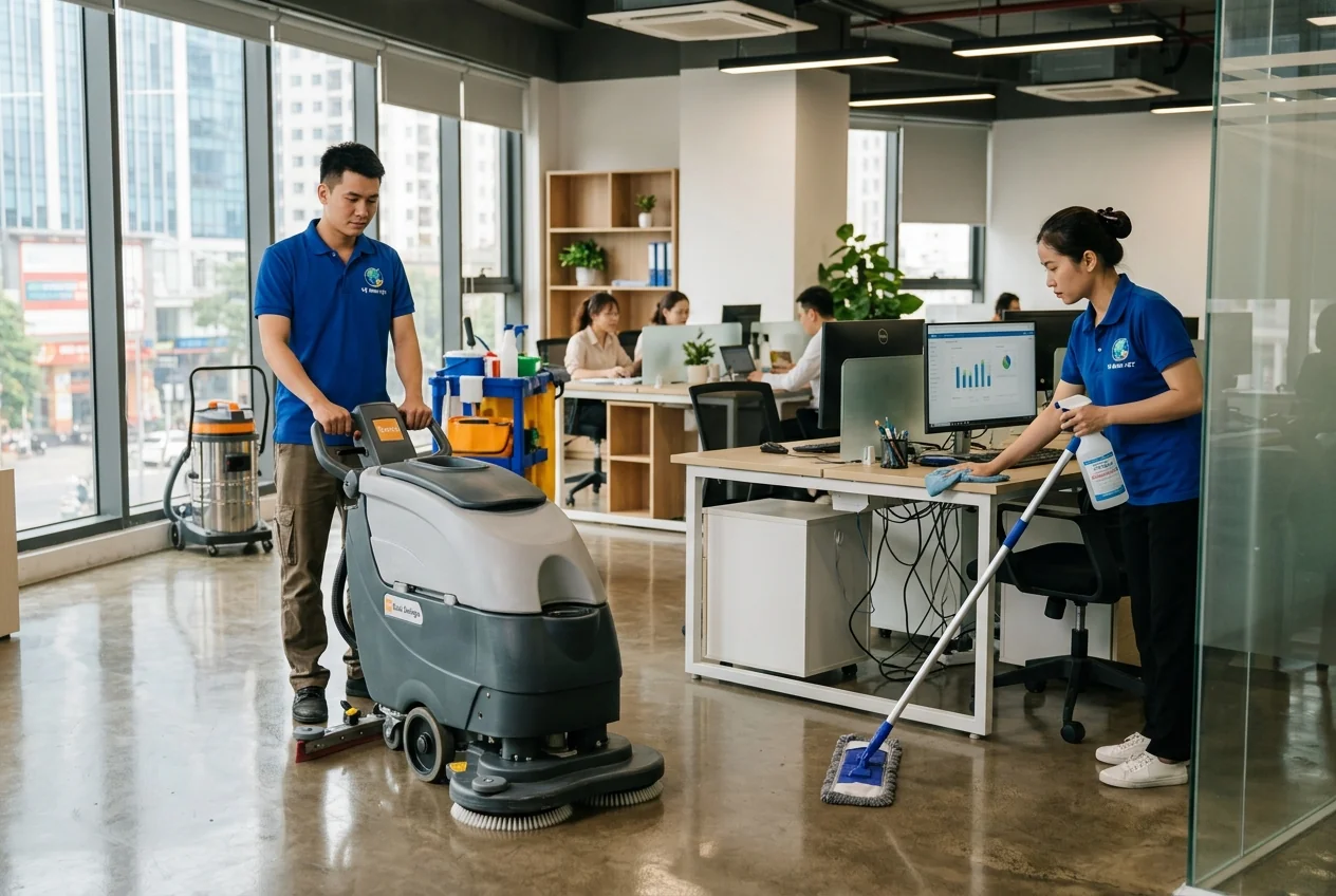 Dịch vụ vệ sinh công nghiệp chuyên nghiệp với thiết bị và quy trình chuẩn hóa