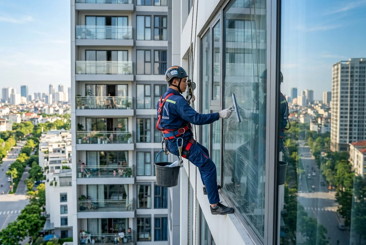Vệ sinh mặt kính ngoài tòa nhà cao tầng Hạ Long - rope access, gondola
