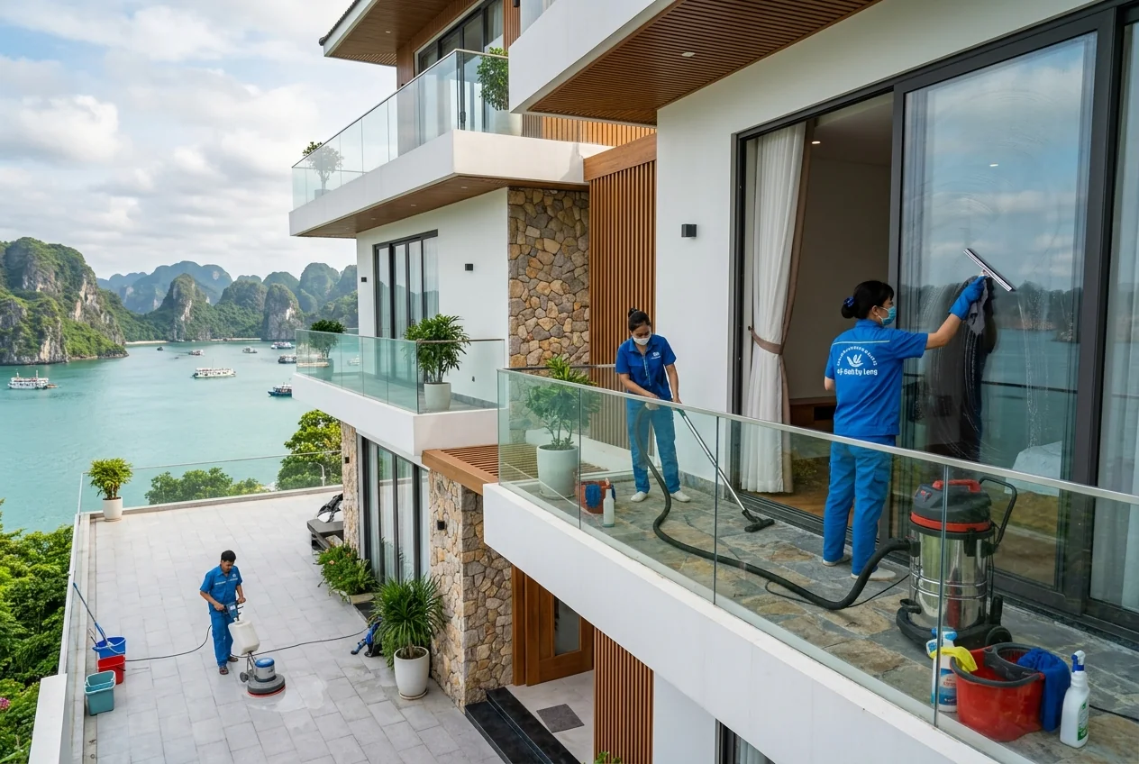 Dịch vụ vệ sinh sau xây dựng tại Hạ Long - tẩy xi măng, sơn bám trước bàn giao