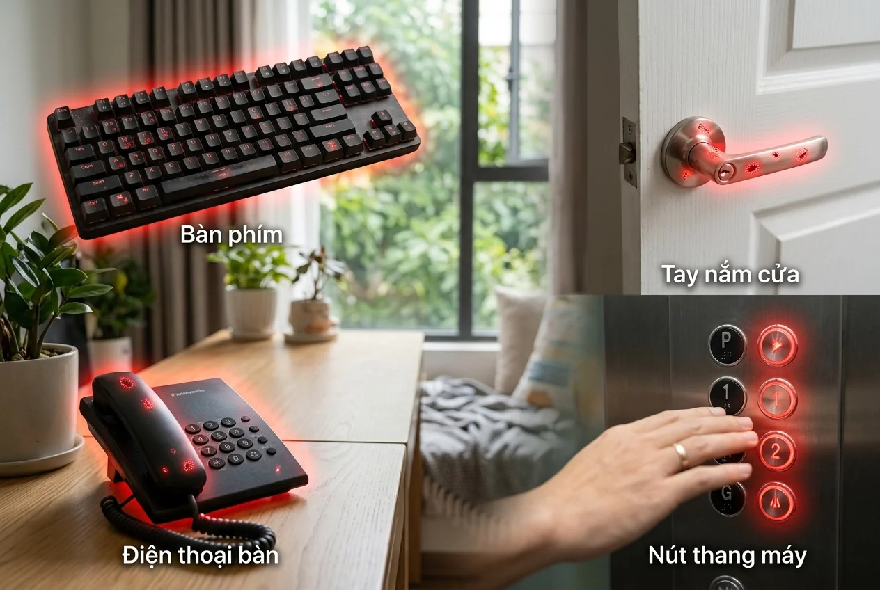 Các bề mặt nguy cơ cao lây vi khuẩn trong văn phòng - bàn phím, tay nắm cửa, khu pantry